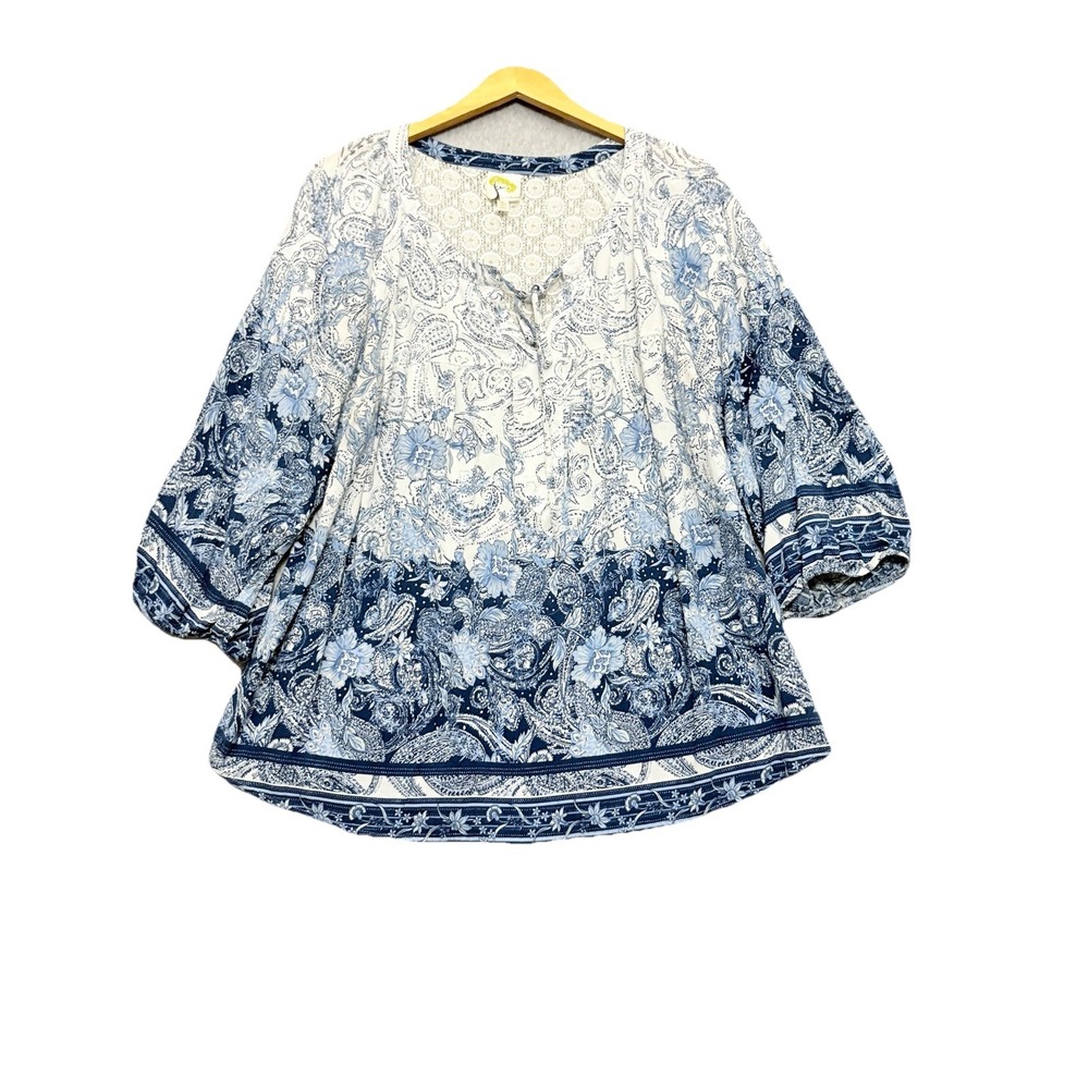 Fig and Flower Blouse Tunic Lace Back Floral Boho‎ Balloon Sleeve Flowy Sz 3X